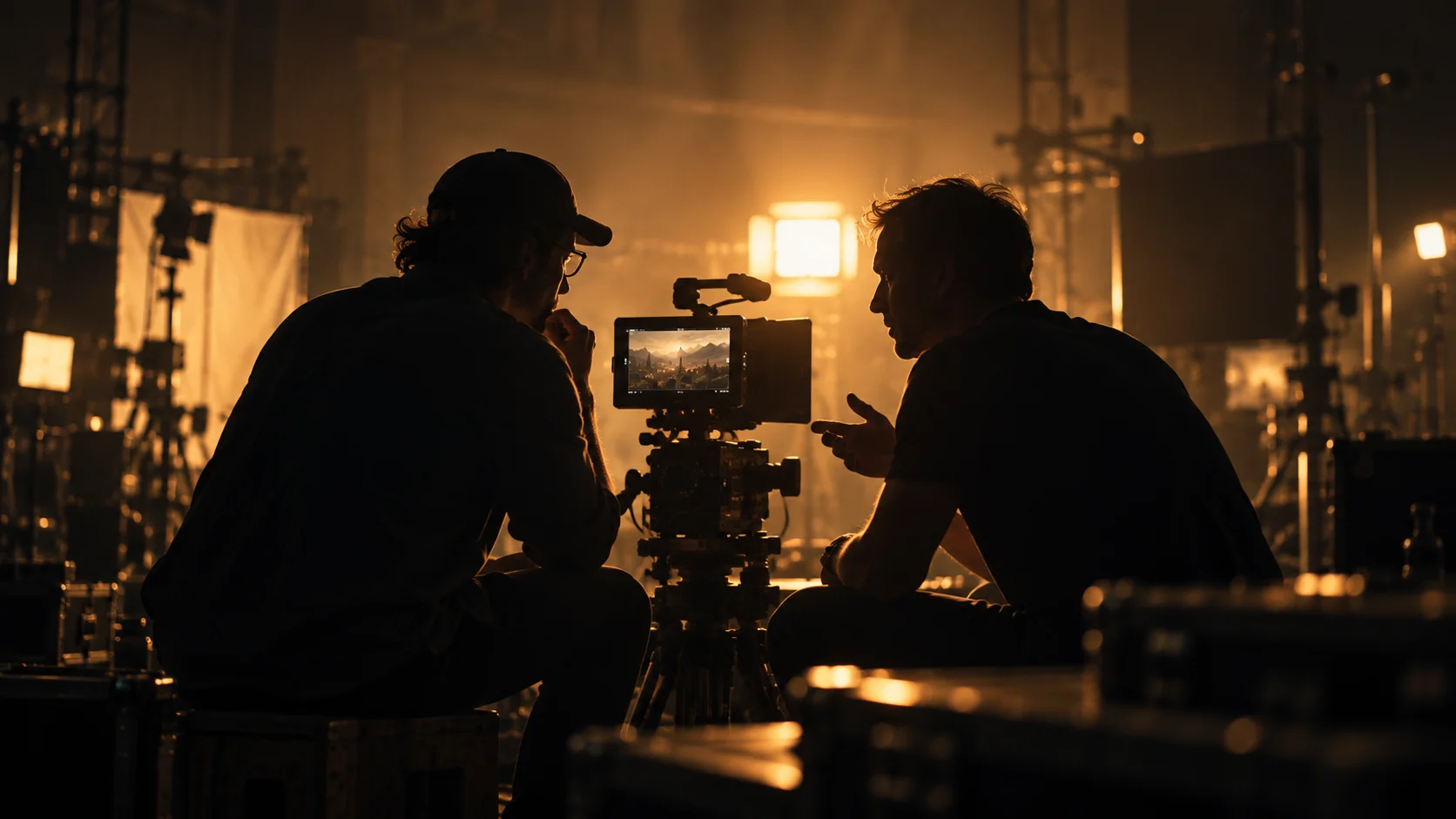 Two filmmakers collaborating around a cinema camera